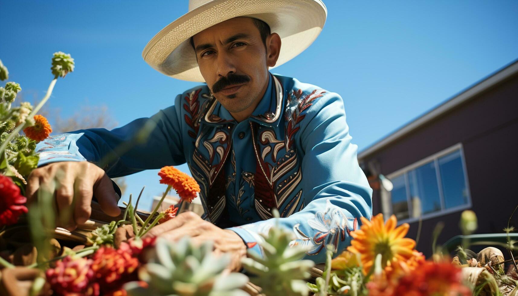 ai gegenereerd glimlachen Mens Holding bloem pot, genieten van tuinieren gegenereerd door ai foto