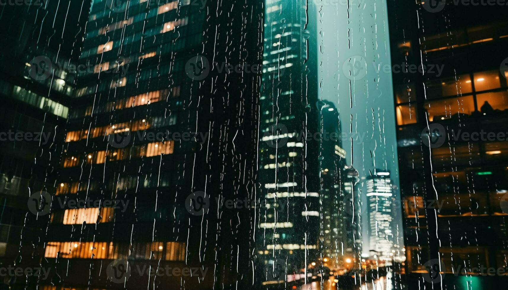 ai gegenereerd regenachtig nacht in de stad, wolkenkrabbers reflecterend lichten gegenereerd door ai foto