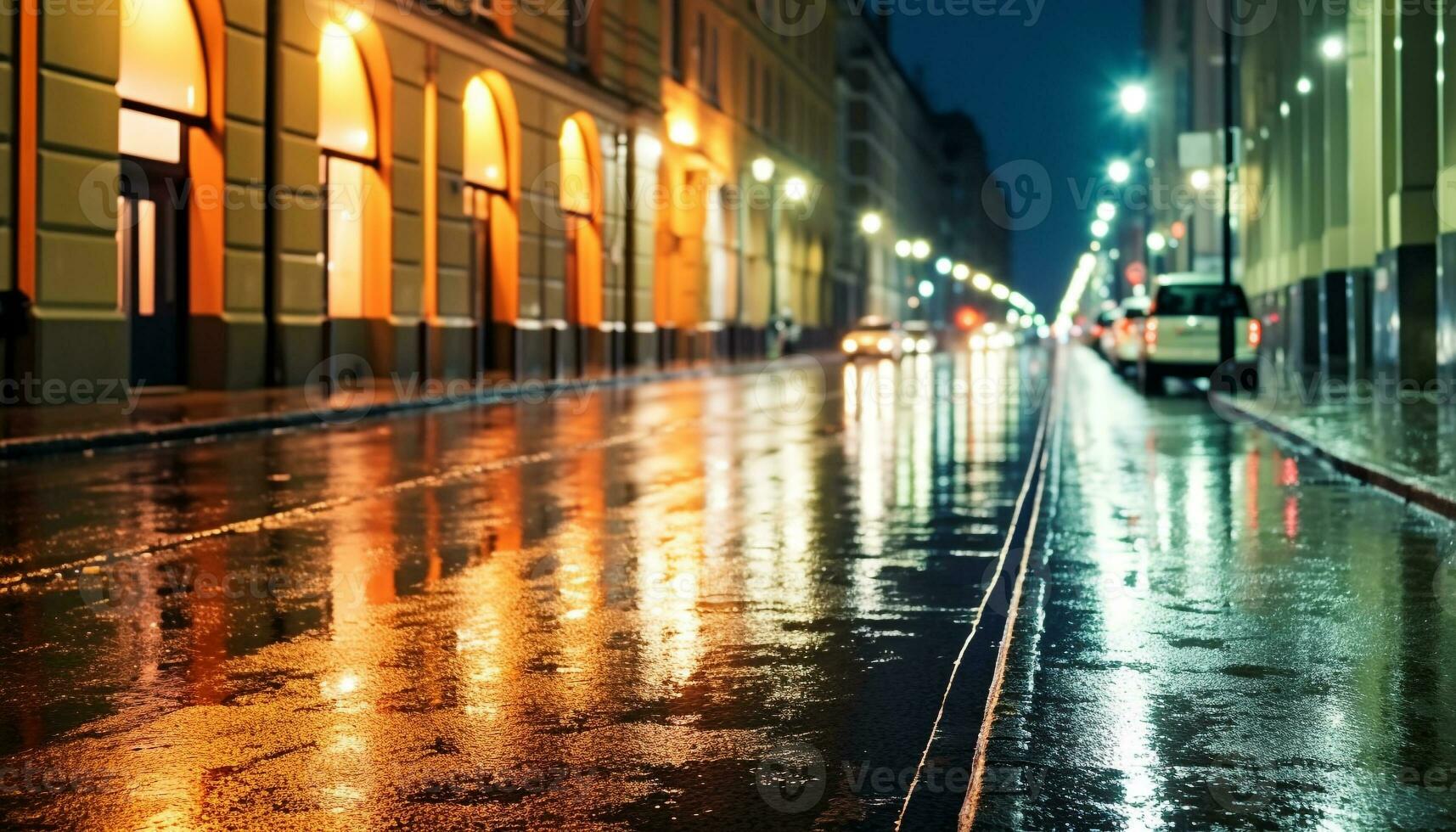 ai gegenereerd regenachtig nacht, auto lichten vervagen door stad straten gegenereerd door ai foto