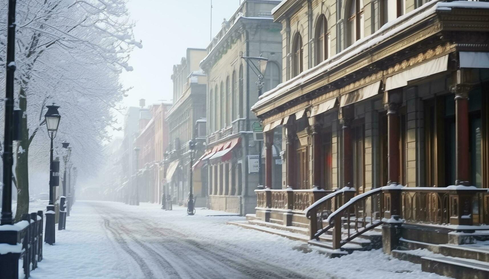 ai gegenereerd sneeuw gedekt stad straten creëren een winter wonderland gegenereerd door ai foto