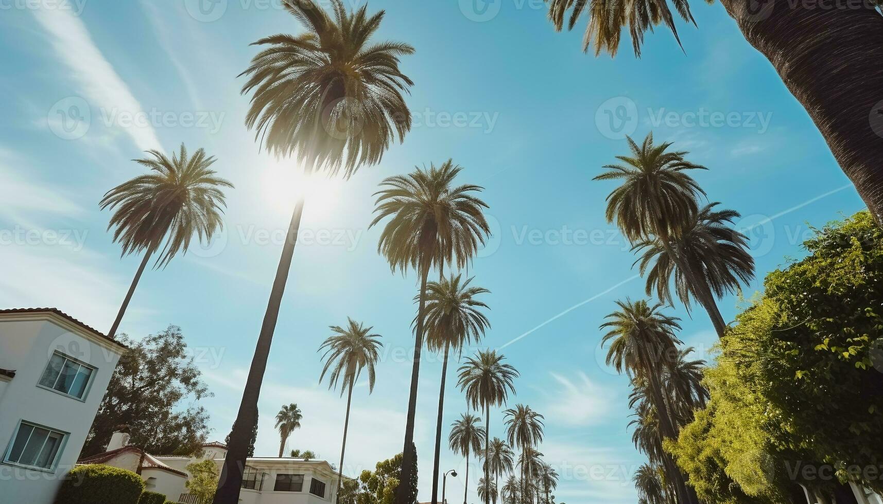 ai gegenereerd tropisch palm bomen zwaaien, natuur schoonheid schijnt gegenereerd door ai foto