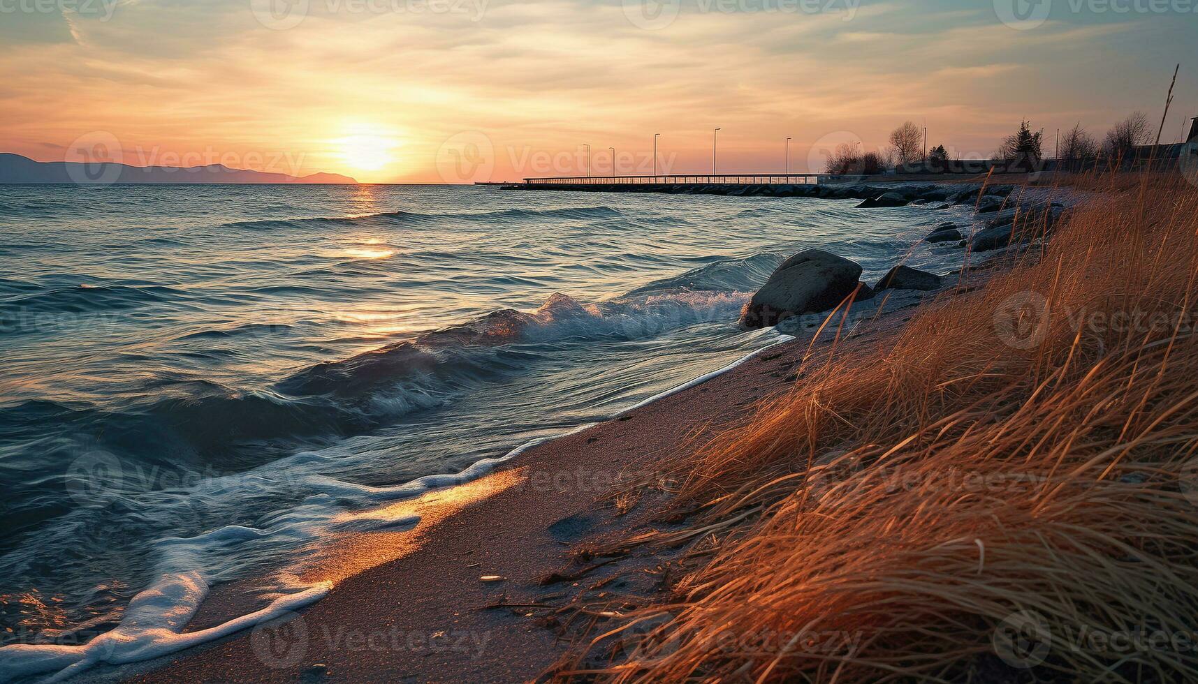 ai gegenereerd rustig zonsondergang over- water, reflecterend schoonheid in natuur gegenereerd door ai foto