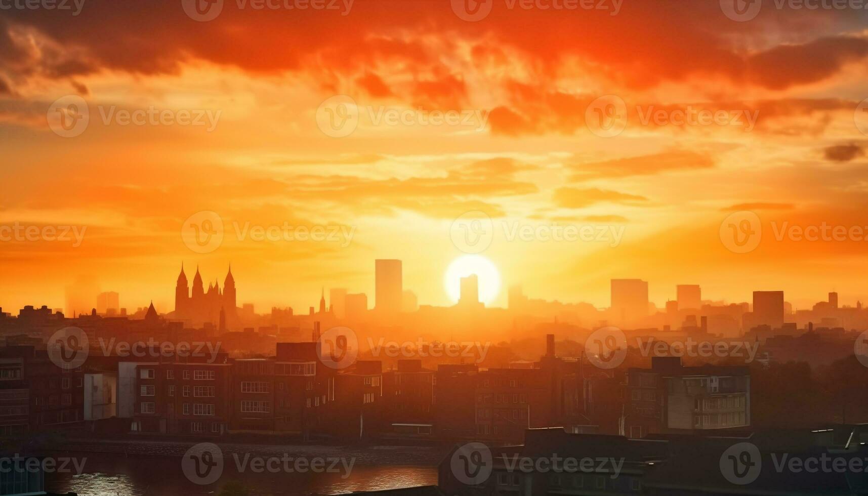 ai gegenereerd stadsgezicht silhouet Bij schemering, wolkenkrabbers reflecteren zonsondergang gegenereerd door ai foto