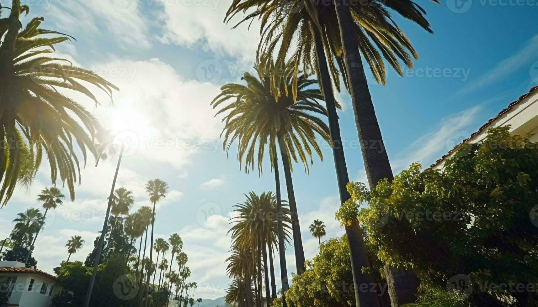 ai gegenereerd tropisch palm boom zwaait onder de zomer zon gegenereerd door ai foto