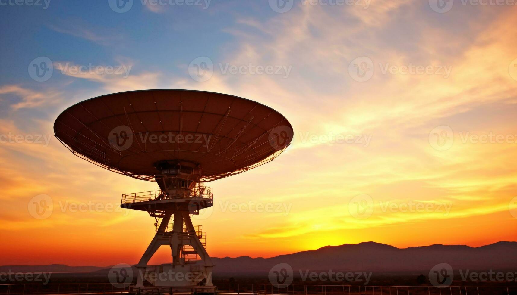 ai gegenereerd zonsondergang silhouet, satelliet schotel ontvangt globaal communicatie gegevens gegenereerd door ai foto