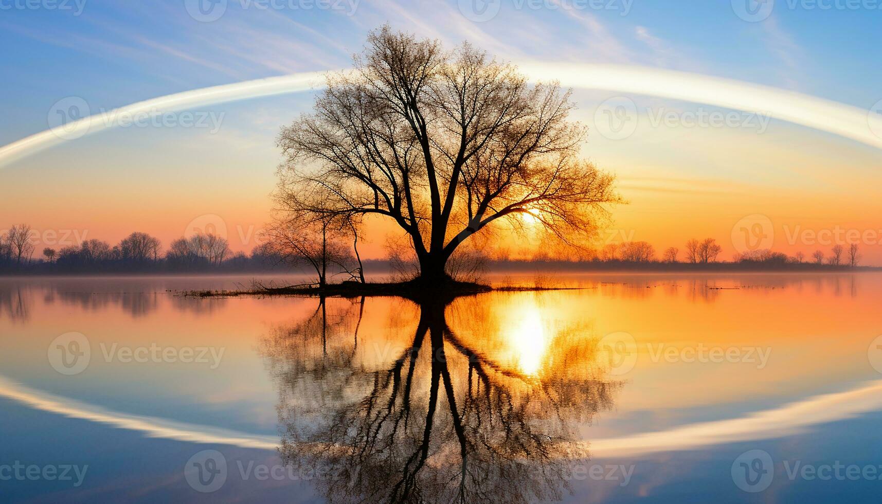 ai gegenereerd silhouet van boom weerspiegelt rustig zonsondergang Aan water gegenereerd door ai foto