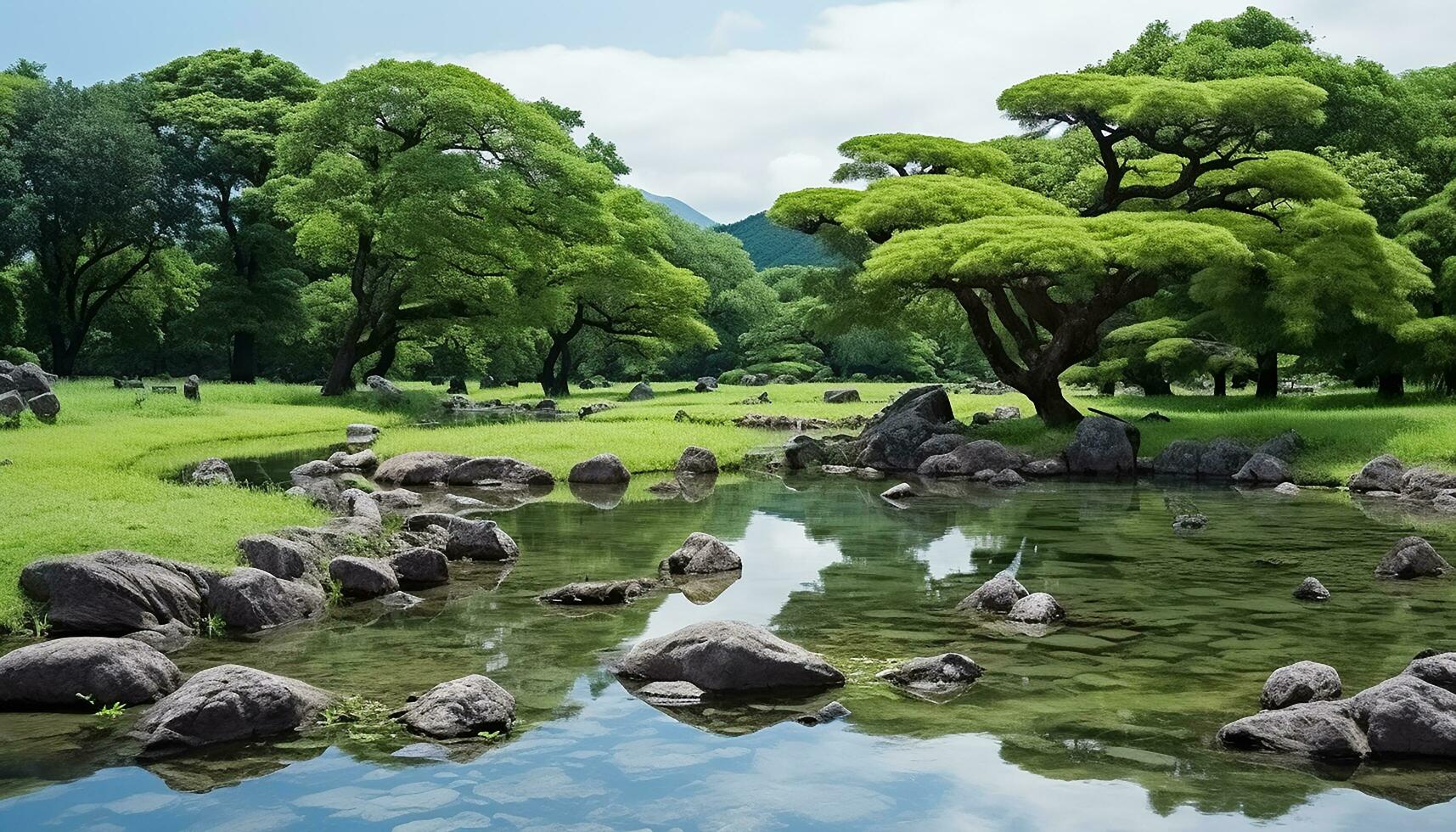 ai gegenereerd rustig tafereel van groen Woud, reflecterend Aan vijver, gegenereerd door ai foto