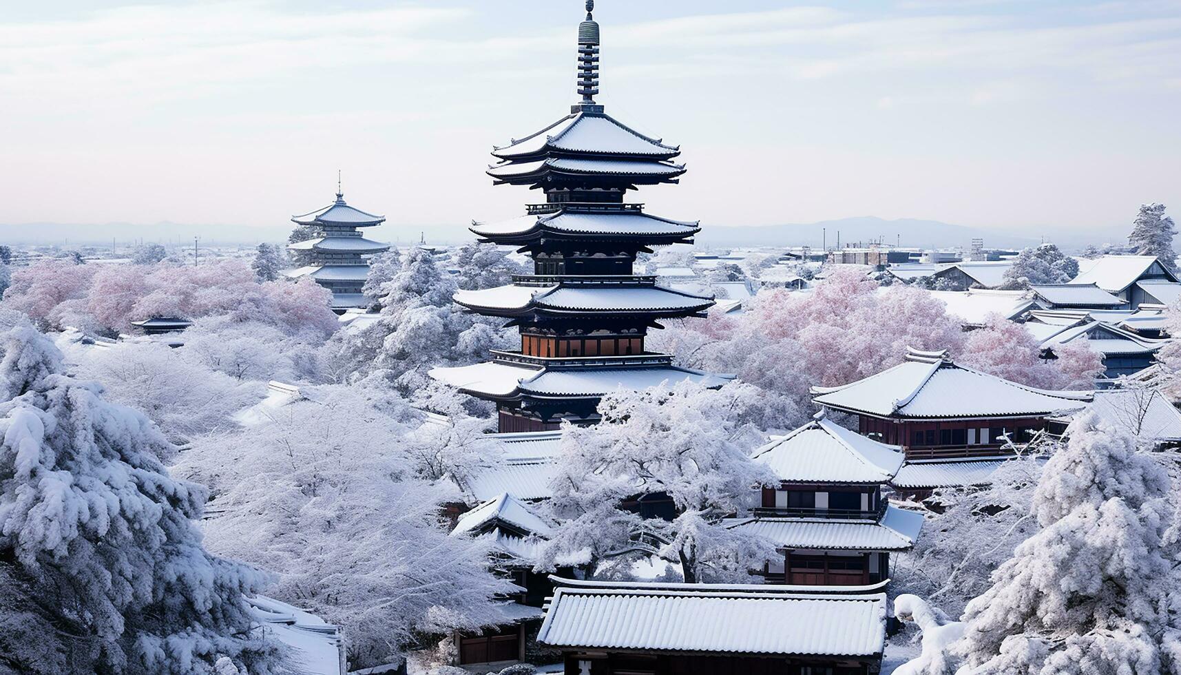 ai gegenereerd oude pagode staat hoog in rustig winter landschap, gegenereerd door ai foto