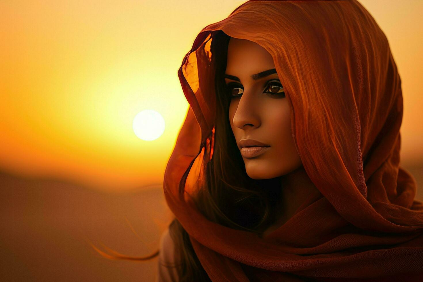 ai gegenereerd portret van een jong moslim vrouw in een hijab in de woestijn tegen de zonsondergang, Arabisch Dames gezicht tegen de zonsondergang ai gegenereerd foto