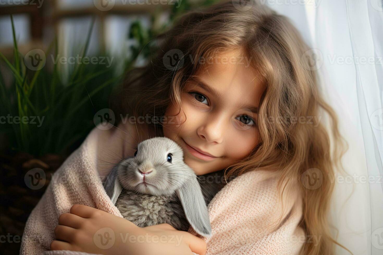 ai gegenereerd portret mooi meisje met blond haar- knuffelen een pluizig grijs konijn foto