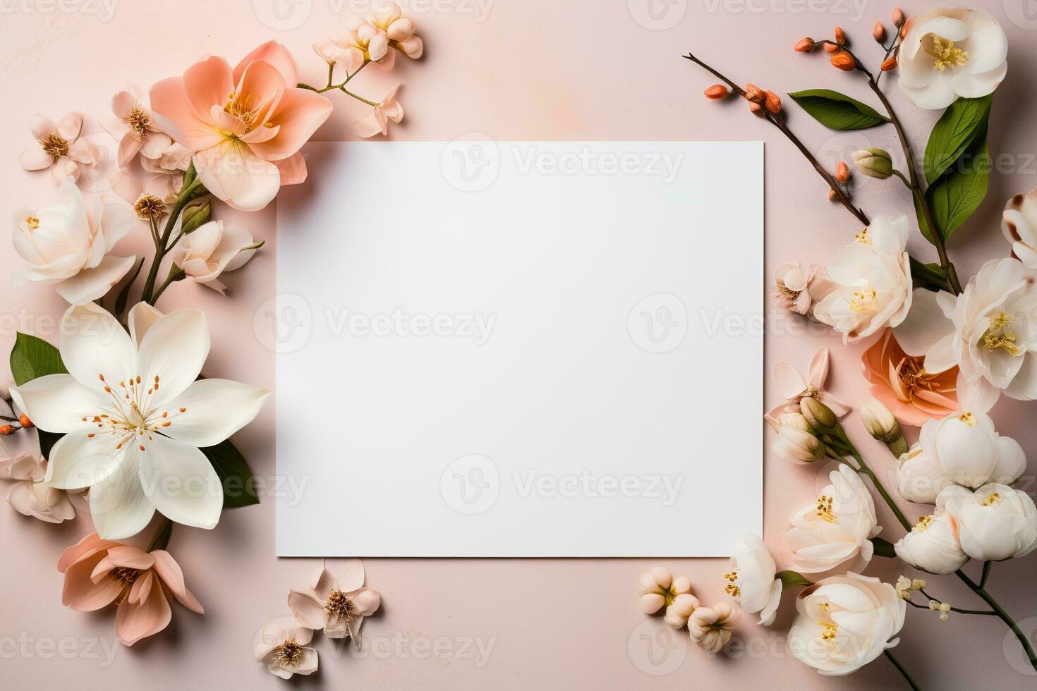 ai gegenereerd mockup leeg wit blanco kaart Aan beige achtergrond met abstract bloemen foto