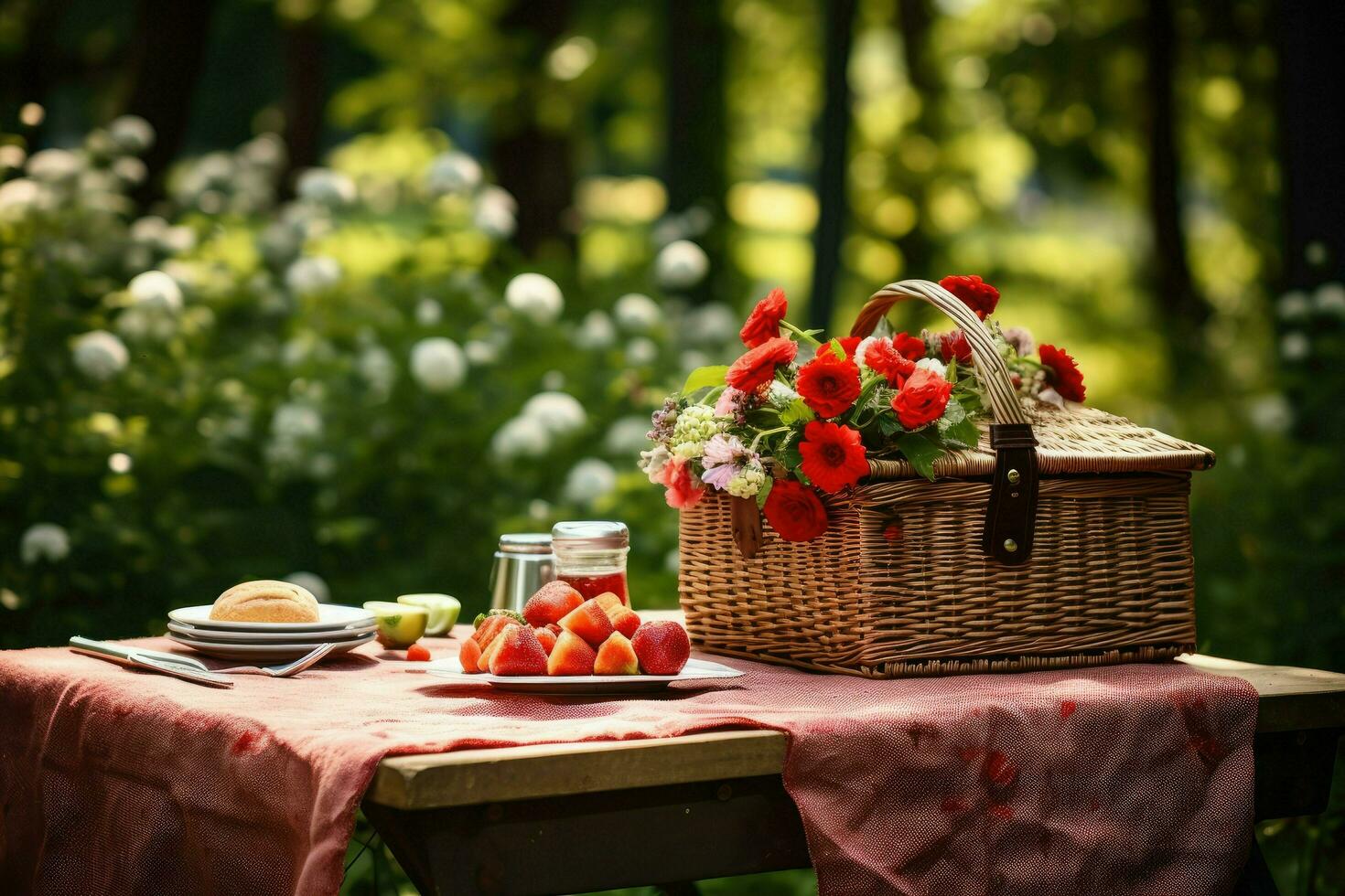 ai gegenereerd picknick mand Aan de tafelkleed in zomer tuin, zomer picknick achtergrond. schattig rieten mand met voedsel, vruchten. de tafelkleed Aan de gras, ai gegenereerd foto