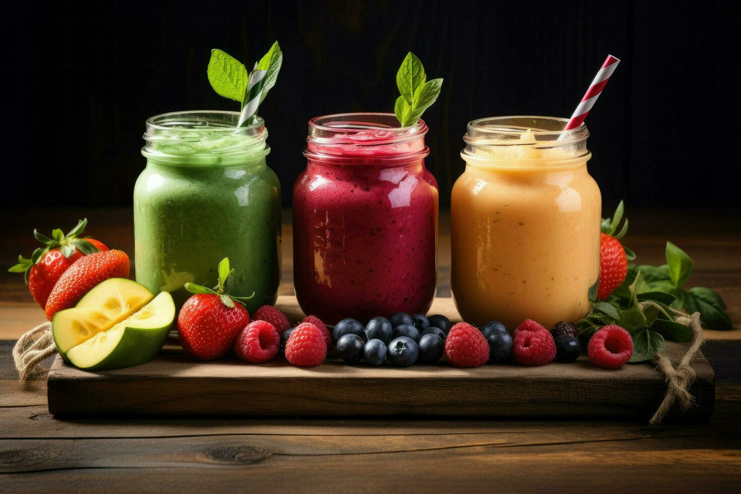 ai gegenereerd vers fruit smoothies in glas potten, kleurrijk smoothies in glas potten Aan een vensterbank, met fruit in de voorgrond, ai gegenereerd foto