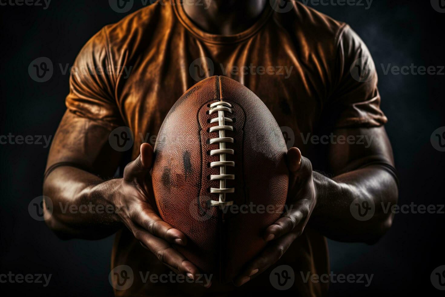 ai gegenereerd gebruind handen van een atleet Holding een bruin Amerikaans Amerikaans voetbal bal Aan een donker achtergrond foto