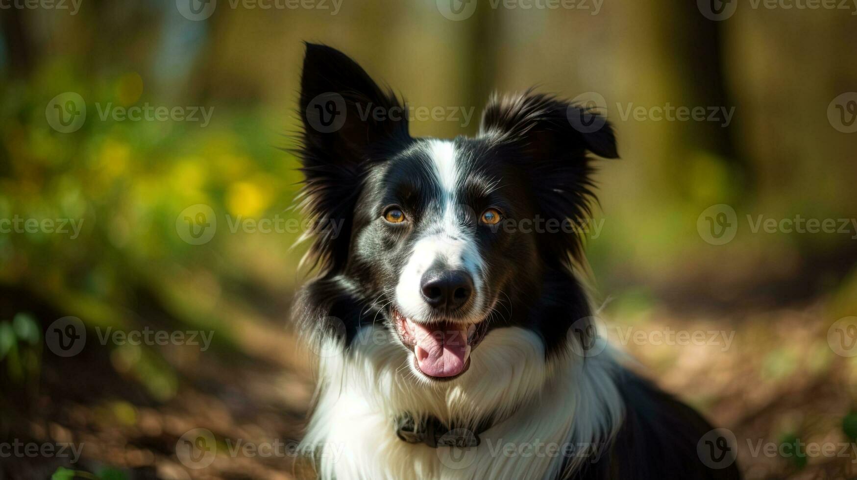 ai gegenereerd portret van een schattig speels zwart en wit grens collie hond in de voorjaar Woud foto