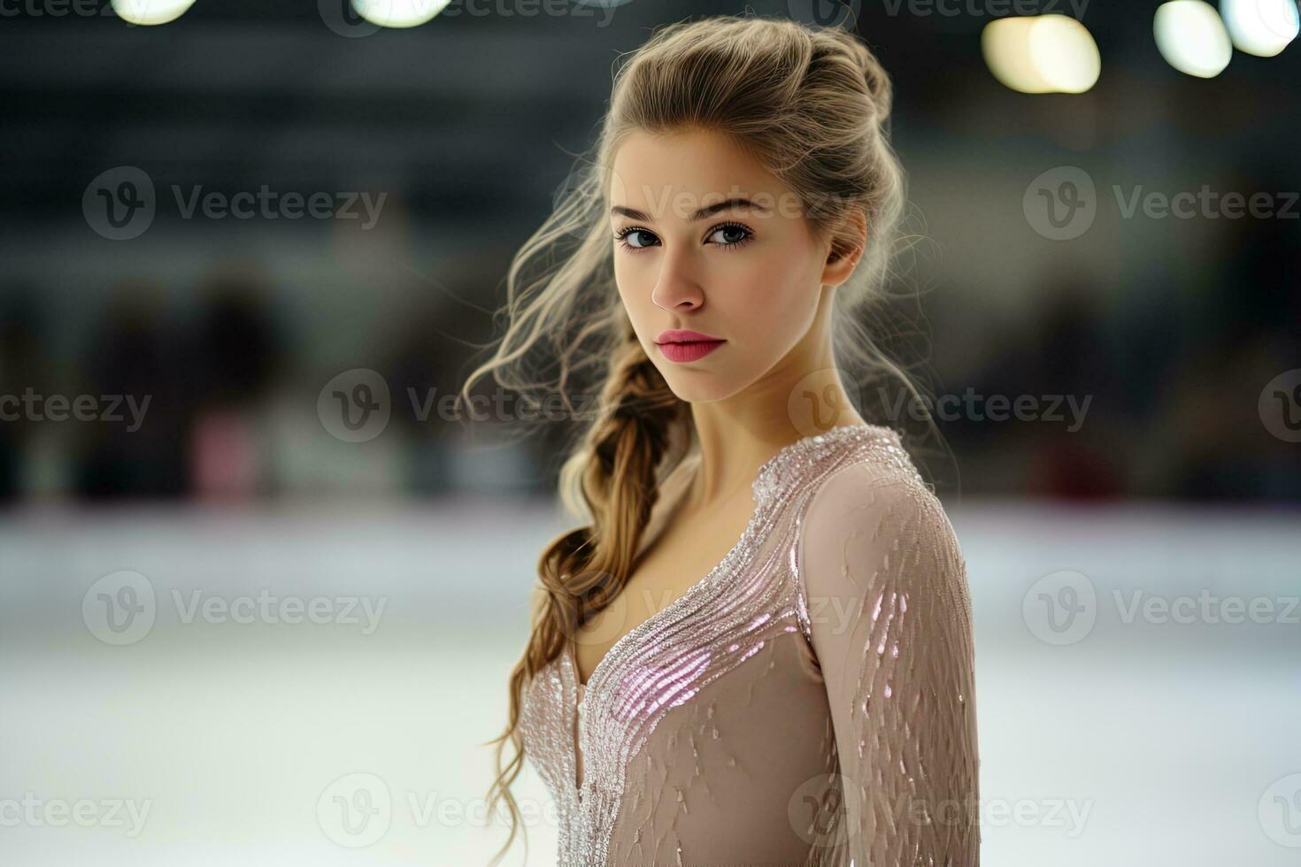 ai gegenereerd portret van een charmant jong vrouw Bij de het schaatsen baan in een prachtig beige kleding tegen een wazig achtergrond van de staat foto