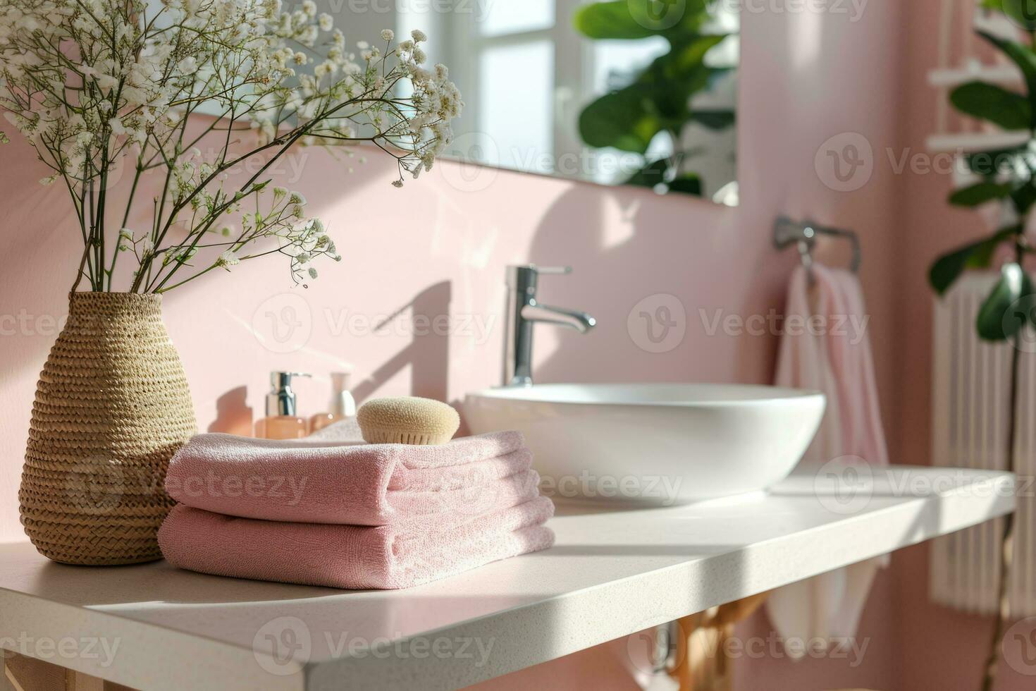 ai gegenereerd badkamer met pastel roze muren en stack van handdoeken. voorjaar concept. generatief ai foto