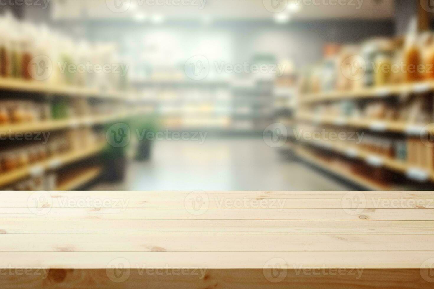 ai gegenereerd leeg houten tafel Aan wazig supermarkt achtergrond. leeg tafel voor Product presentatie foto