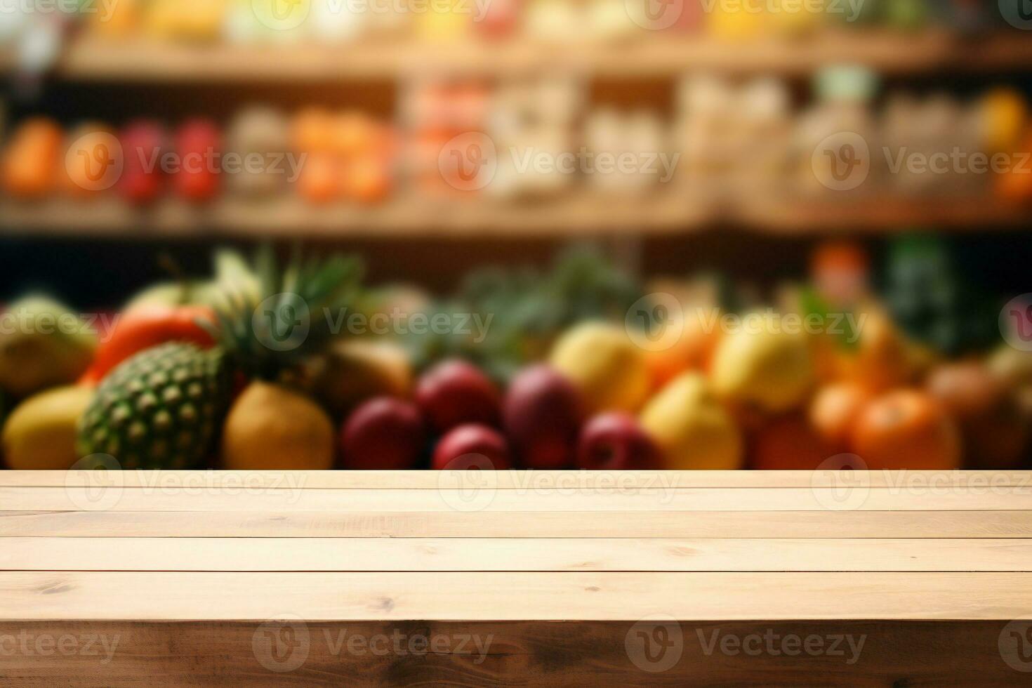 ai gegenereerd houten tafel top met fruit Aan wazig supermarkt schappen achtergrond. leeg tafel voor Product Scherm presentatie foto