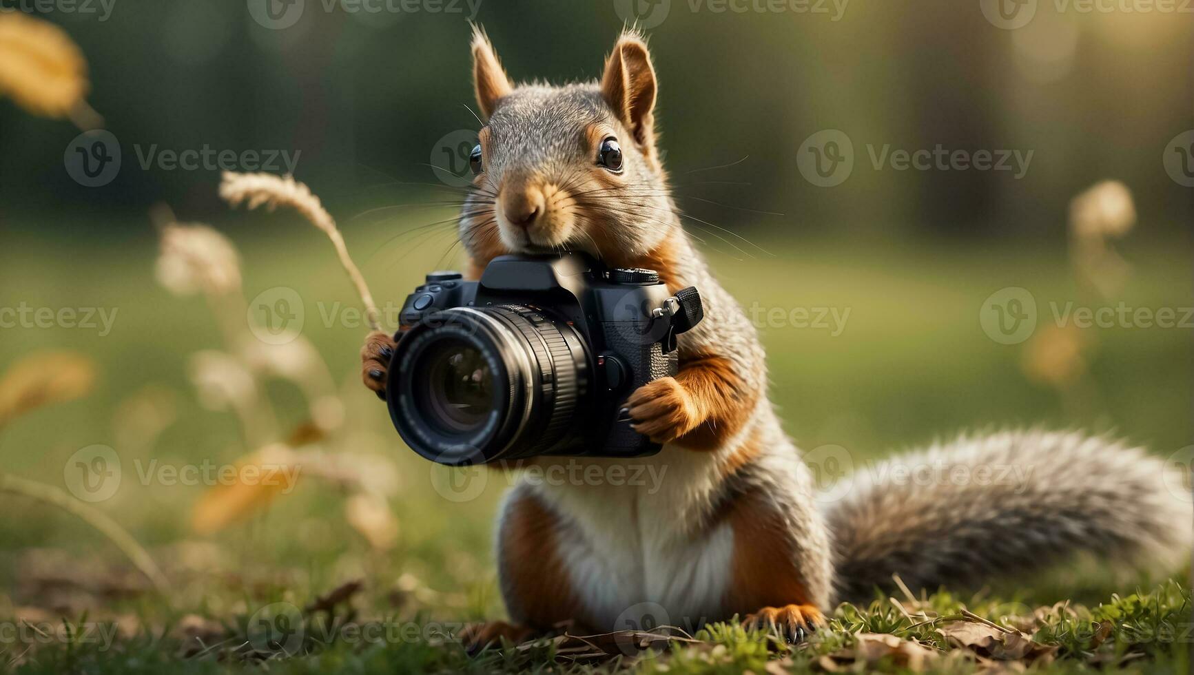 ai gegenereerd schattig vriendelijk eekhoorn met een camera in de park foto