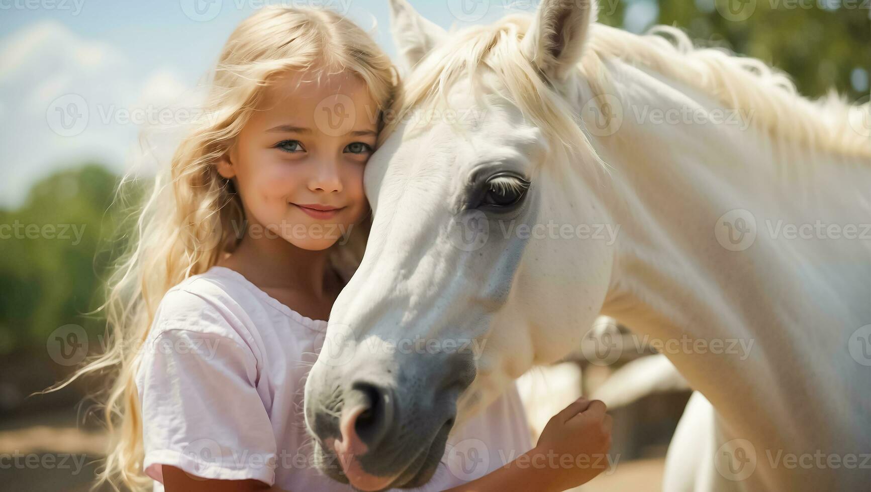 ai gegenereerd portret van een weinig meisje met een paard in natuur foto