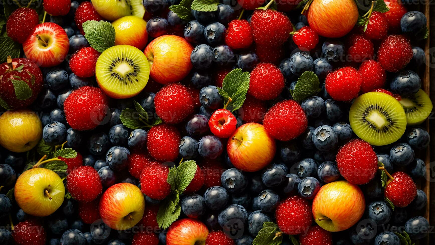 ai gegenereerd divers fruit en bessen Aan een donker achtergrond foto