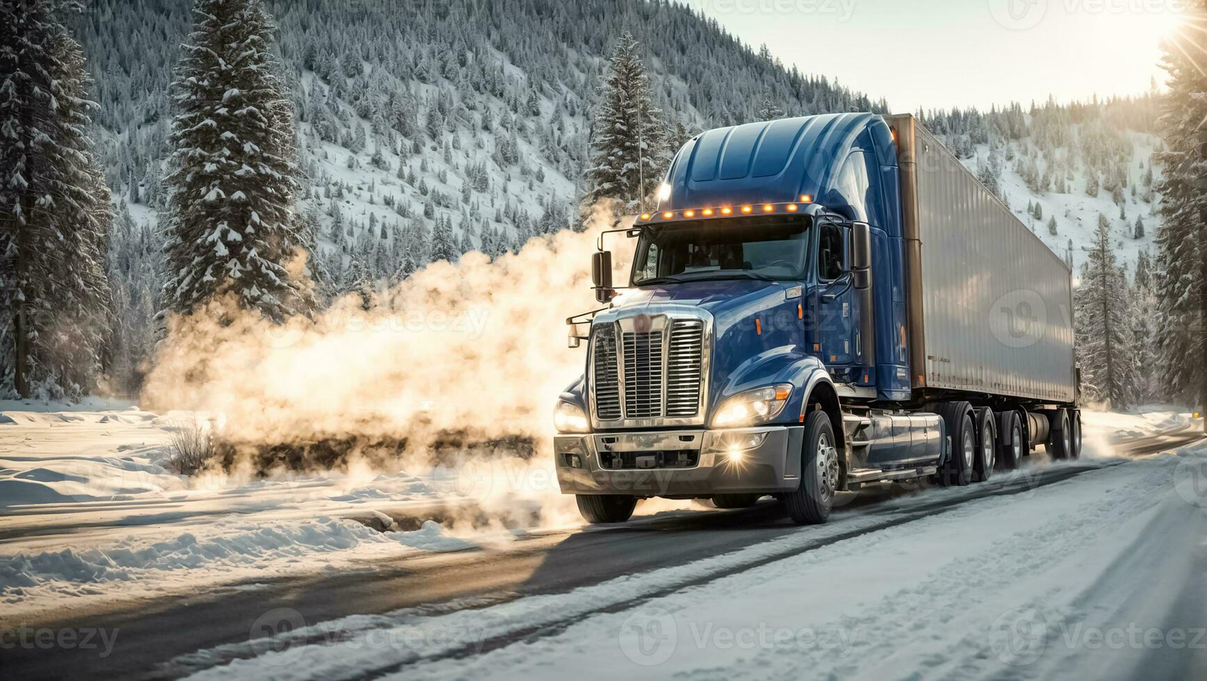 ai gegenereerd vrachtauto het rijden langs een besneeuwd weg gedurende de dag foto