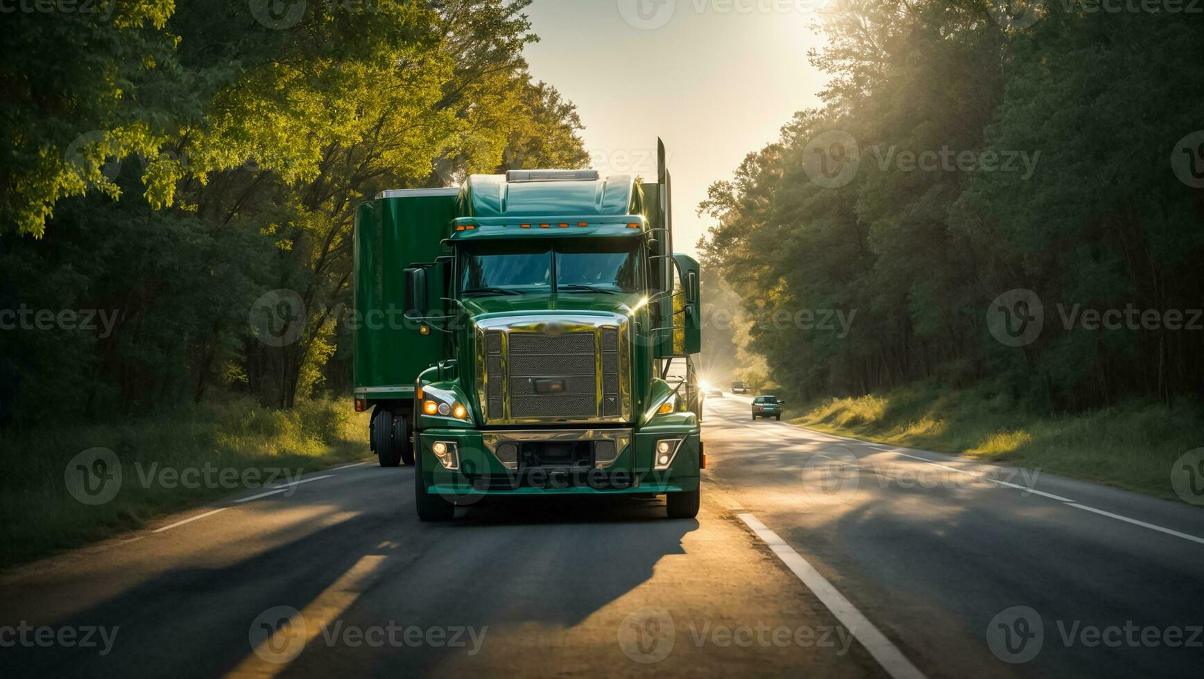 ai gegenereerd vrachtauto het rijden naar beneden de weg in zomer foto