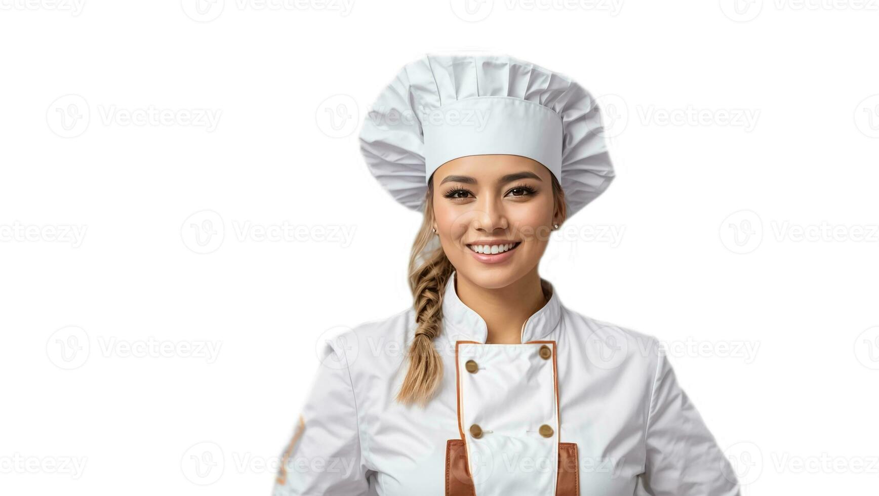 ai gegenereerd mooi meisje chef geïsoleerd Aan wit achtergrond foto