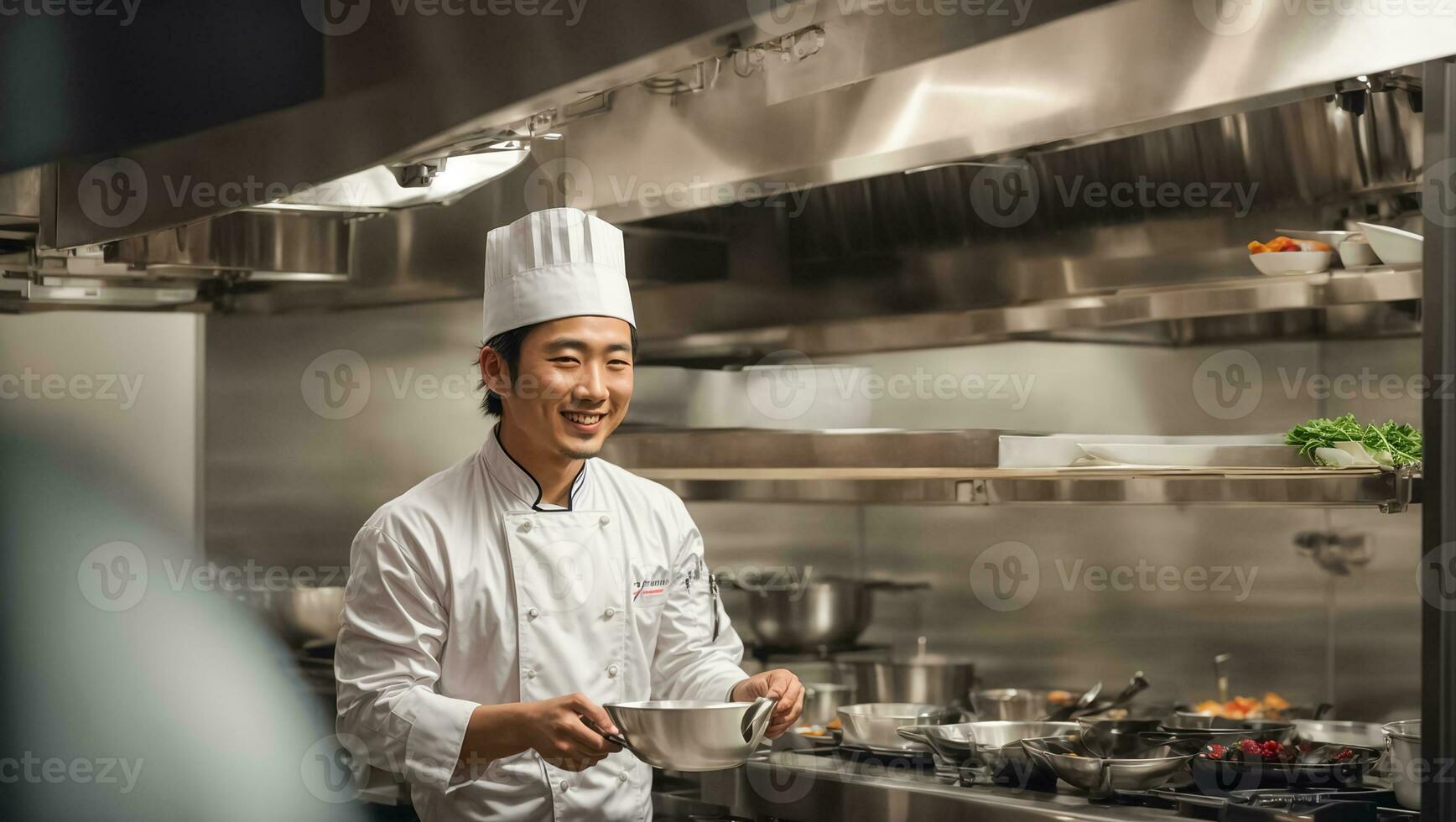 ai gegenereerd gelukkig Aziatisch mannetje koken in keuken foto