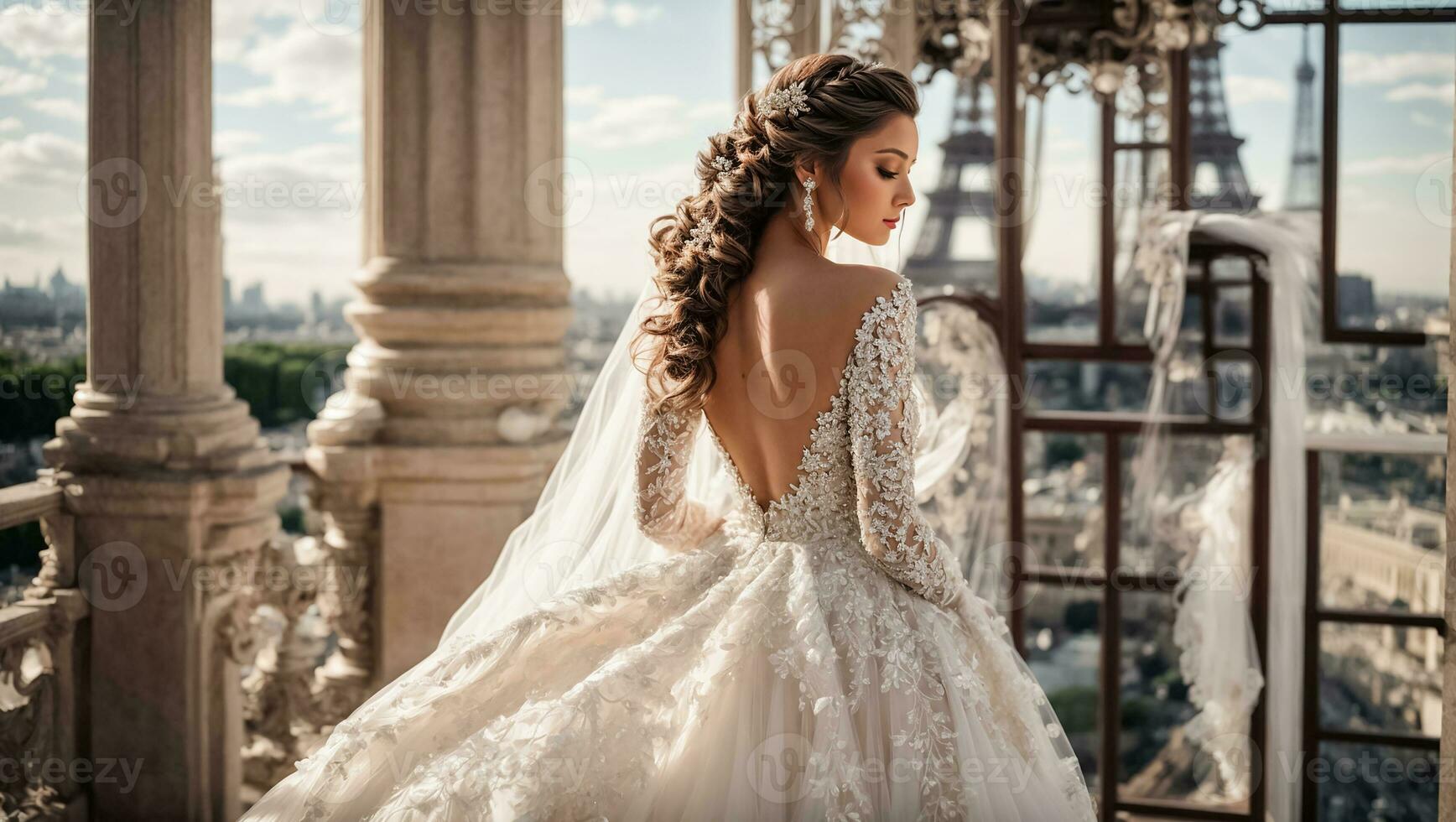ai gegenereerd mooi meisje in een wit bruidsmeisje jurk tegen de achtergrond van de eiffel toren foto