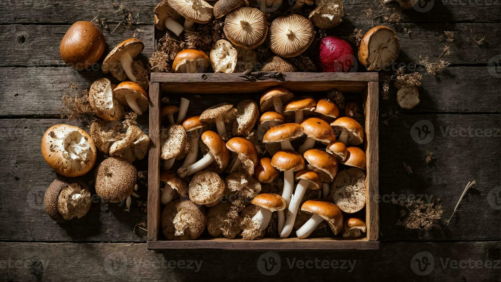 ai gegenereerd vers champignons in een houten doos Aan een oud achtergrond foto