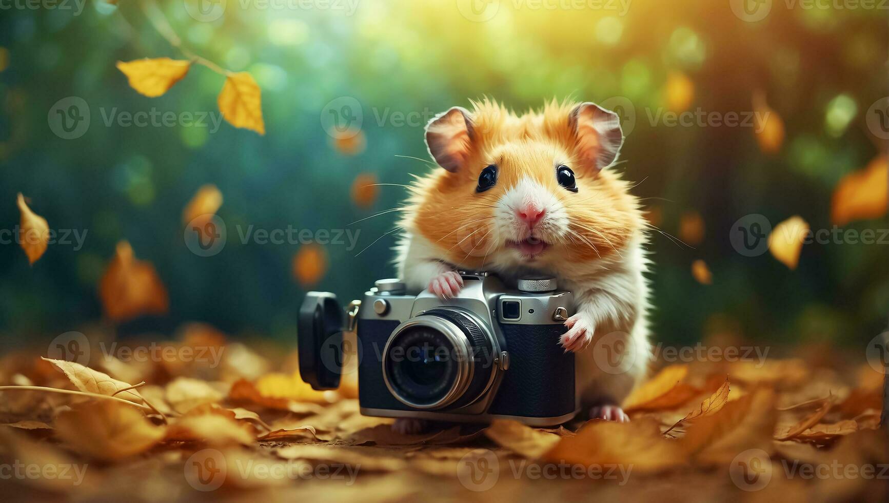 ai gegenereerd schattig grappig hamster met een camera in de park foto