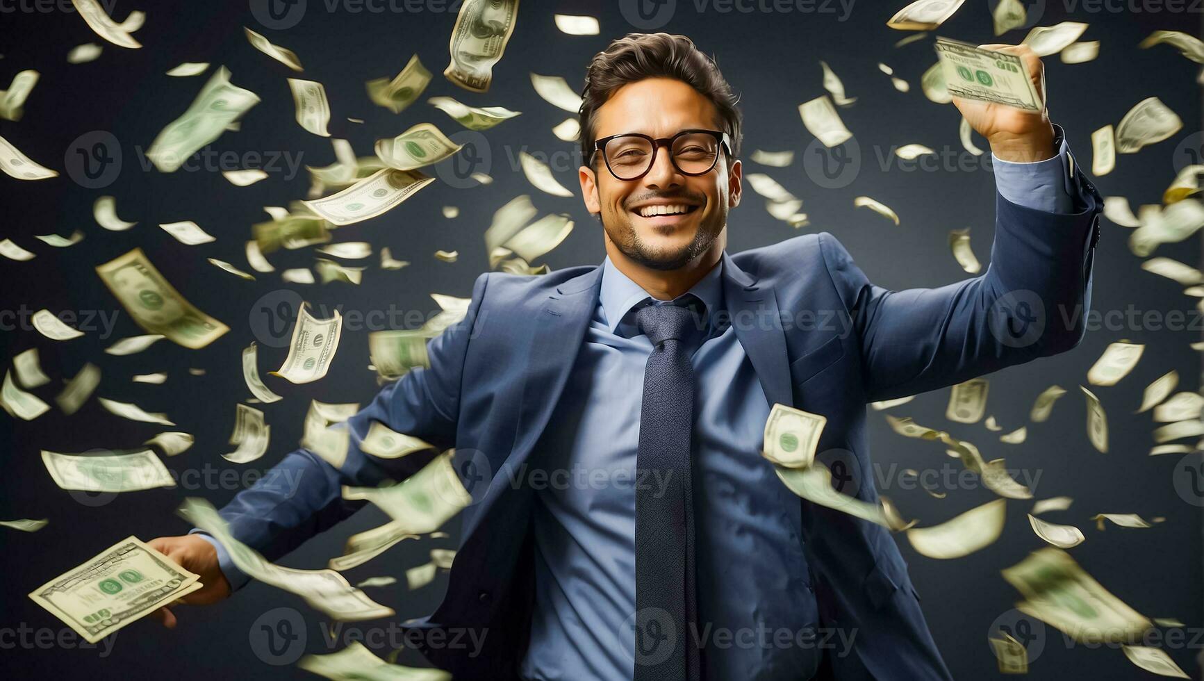 ai gegenereerd gelukkig Mens in een bedrijf pak vallend dollars foto