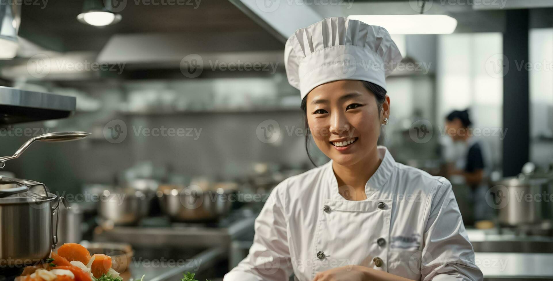 ai gegenereerd gelukkig Aziatisch vrouw koken in restaurant keuken foto