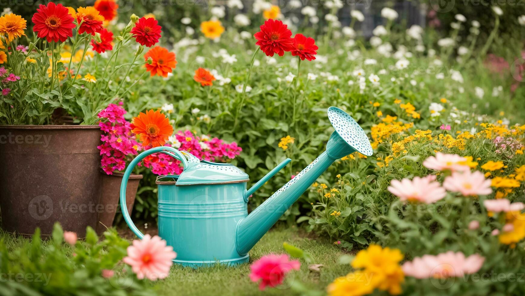 ai gegenereerd gekleurde gieter kan met bloemen in de zomer tuin foto