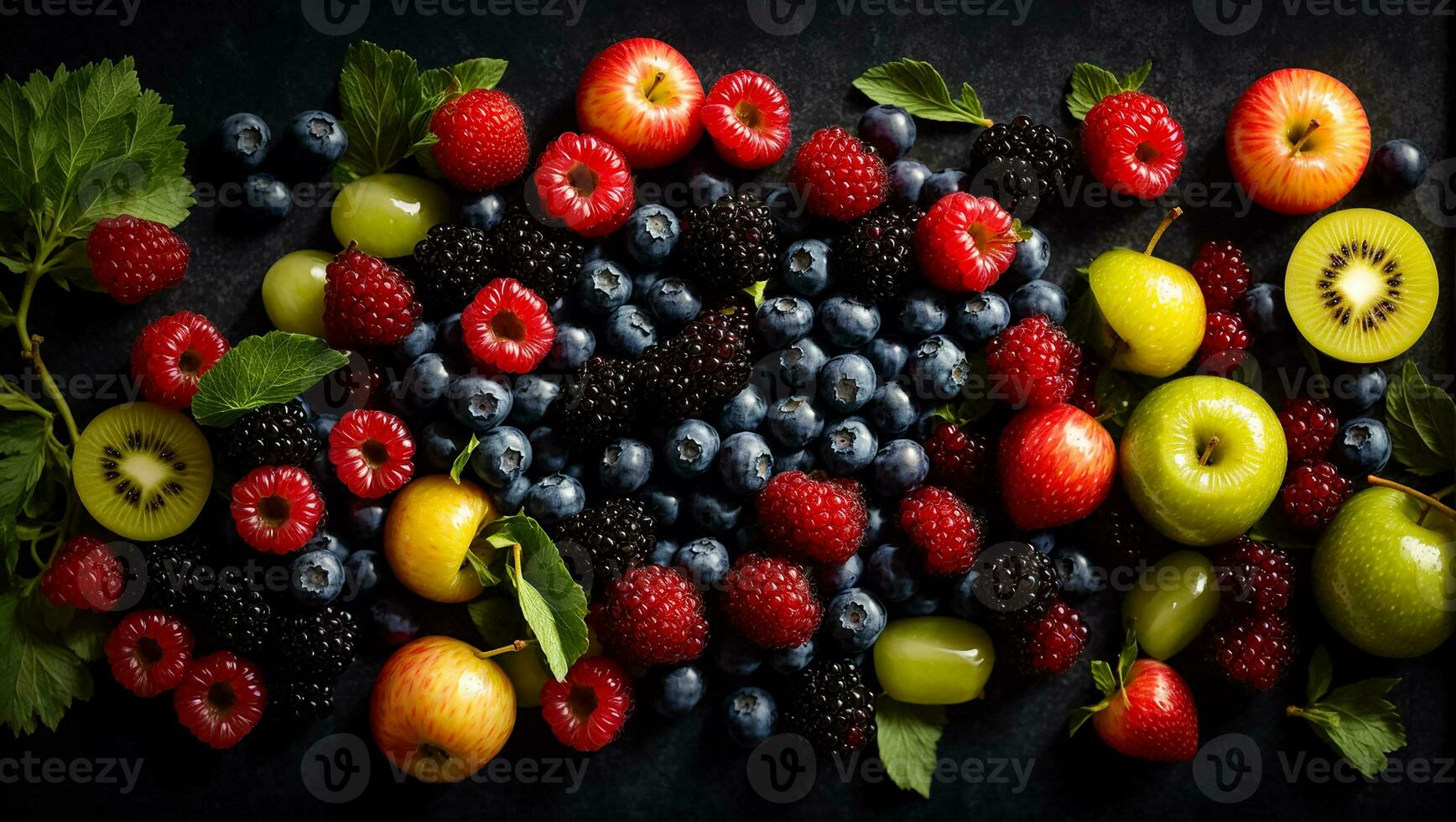 ai gegenereerd divers fruit en bessen Aan een donker achtergrond foto