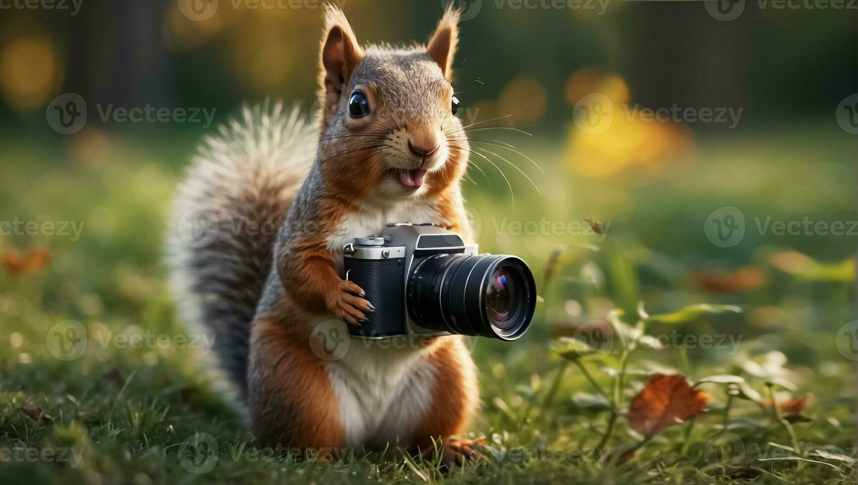 ai gegenereerd schattig vriendelijk eekhoorn met een camera in de park foto