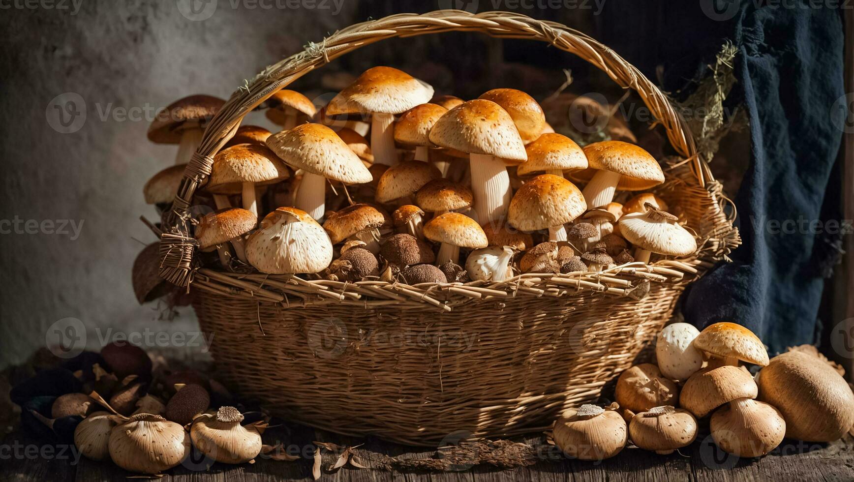 ai gegenereerd vers champignons in een mand Aan een oud achtergrond foto