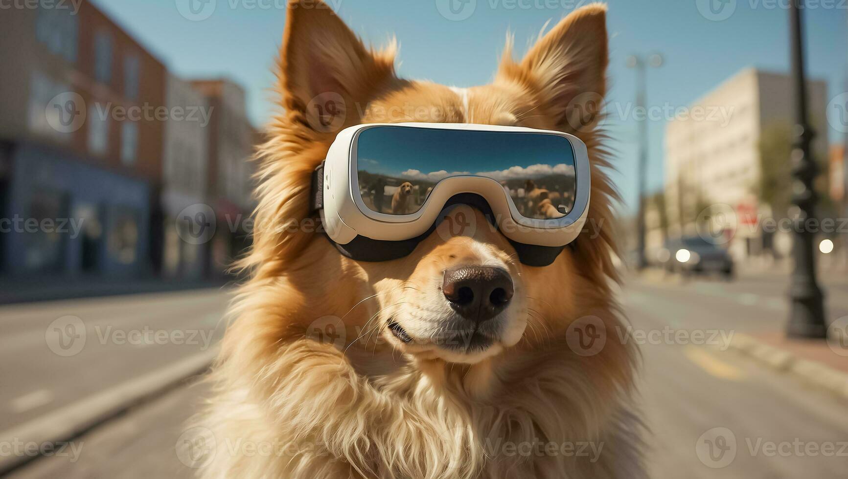 ai gegenereerd schattig hond vervelend virtueel realiteit bril Aan de straat foto