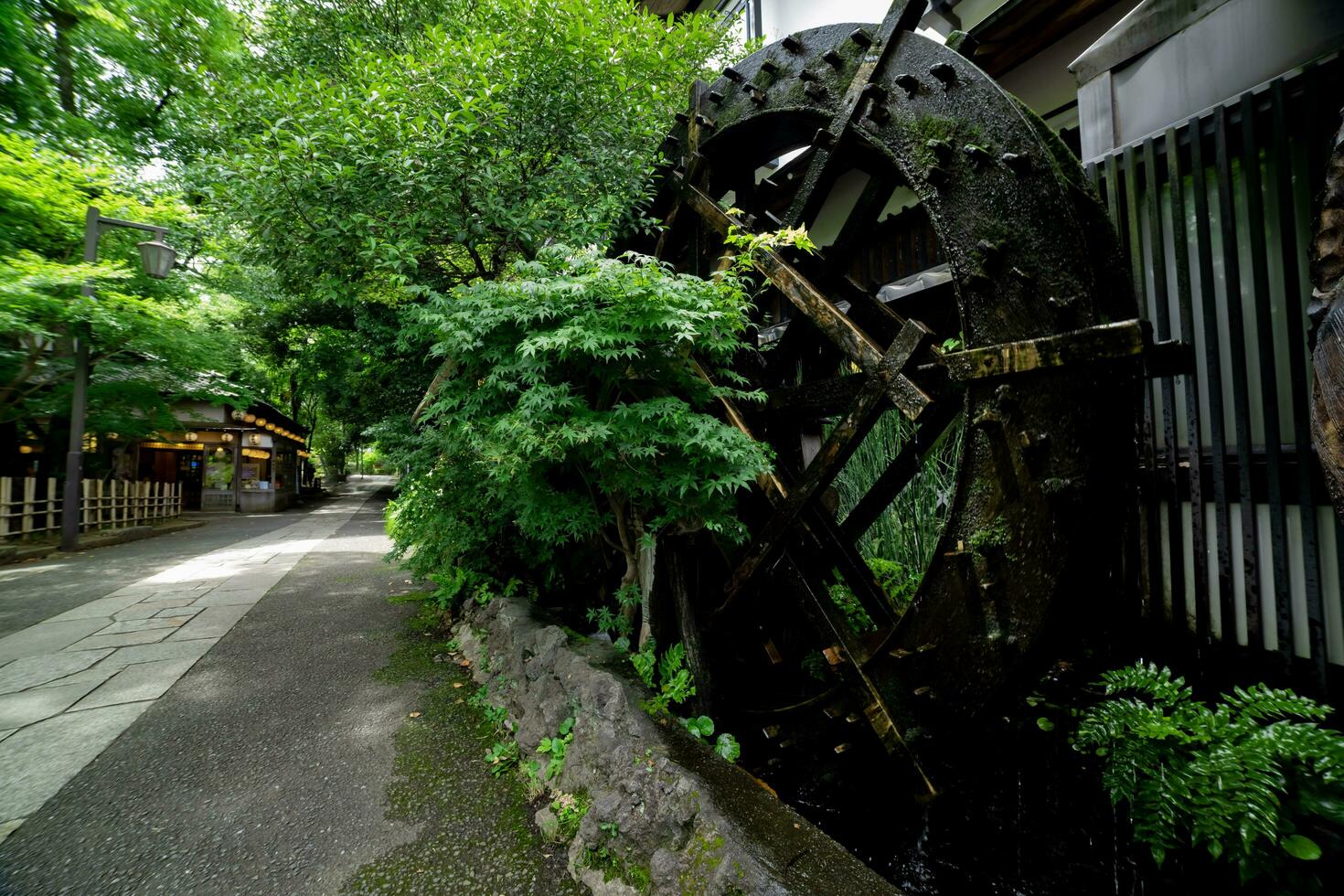 een historisch houten wiel Aan de water oppervlakte in tokyo breed schot foto