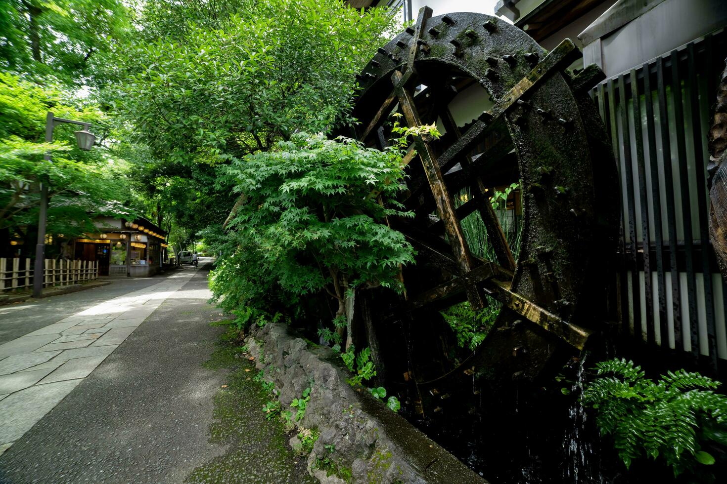 een historisch houten wiel Aan de water oppervlakte in tokyo breed schot foto