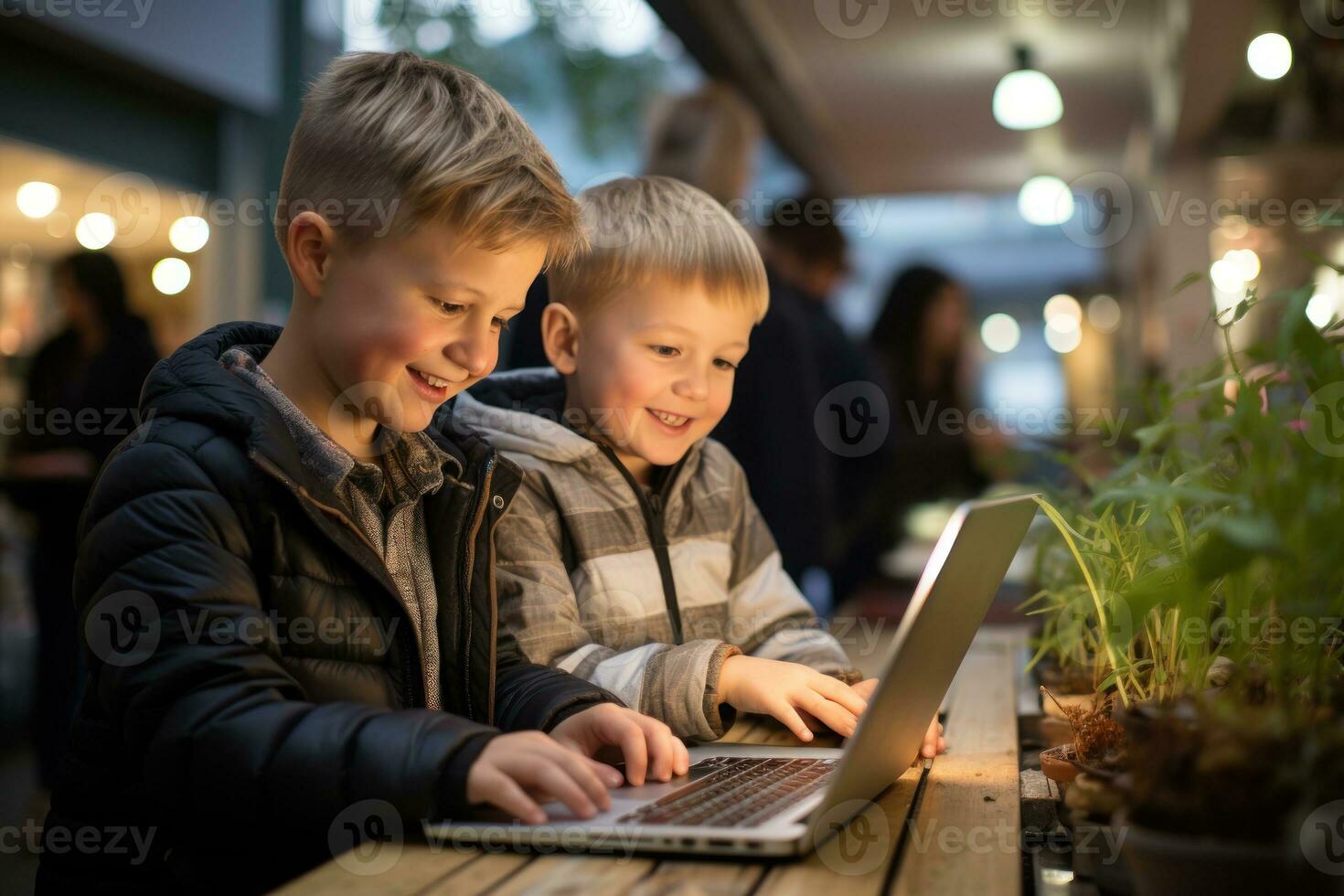 ai gegenereerd kinderen met laptops aan het kijken geanimeerd inhoud samen genieten van een pret en leerzaam beleven, verschillend onderwijs en leraren dag beeld foto