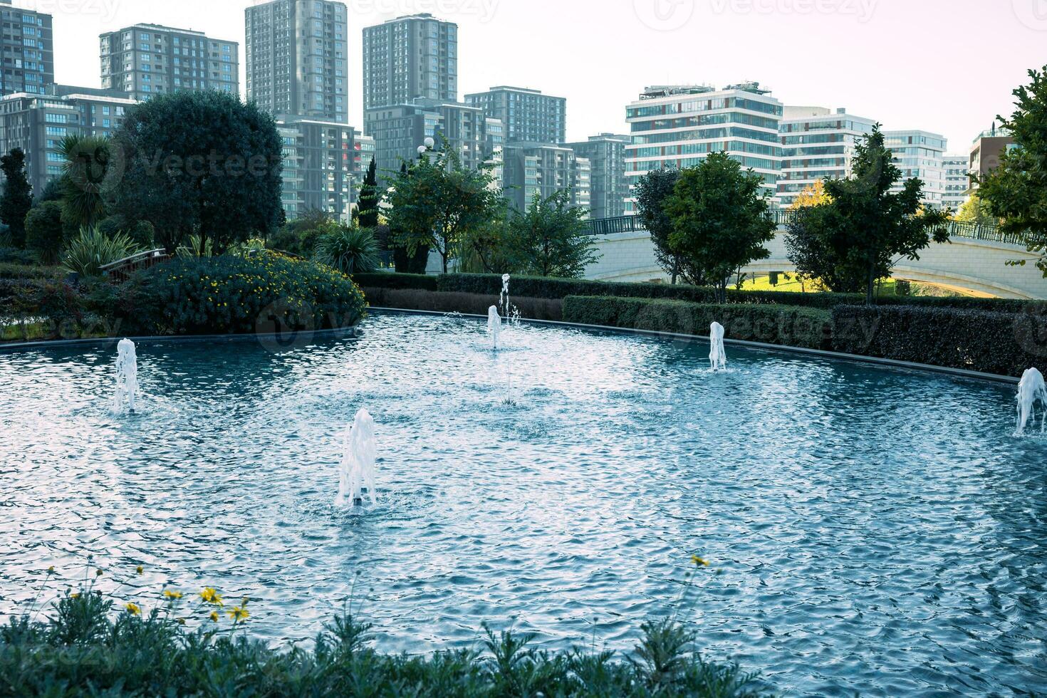 een vijver in een park en een modern stad of woon- Oppervlakte Aan de achtergrond foto