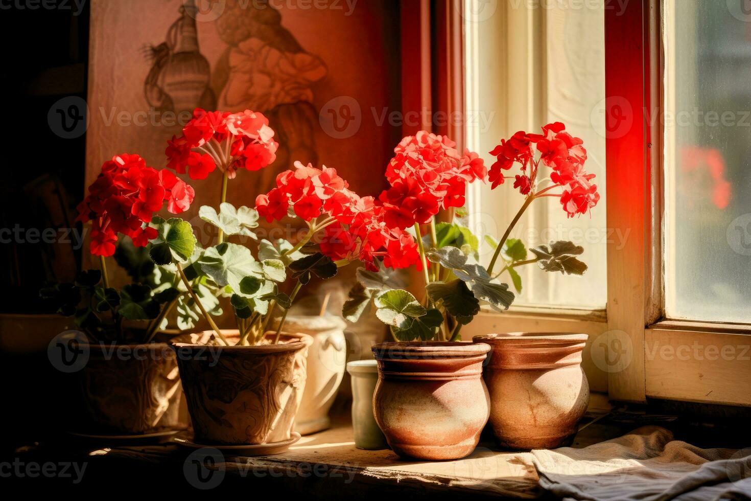 ai gegenereerd huis fabriek rood geranium in oud klei potten Aan de vensterbank in een oud huis. kant licht van de venster foto