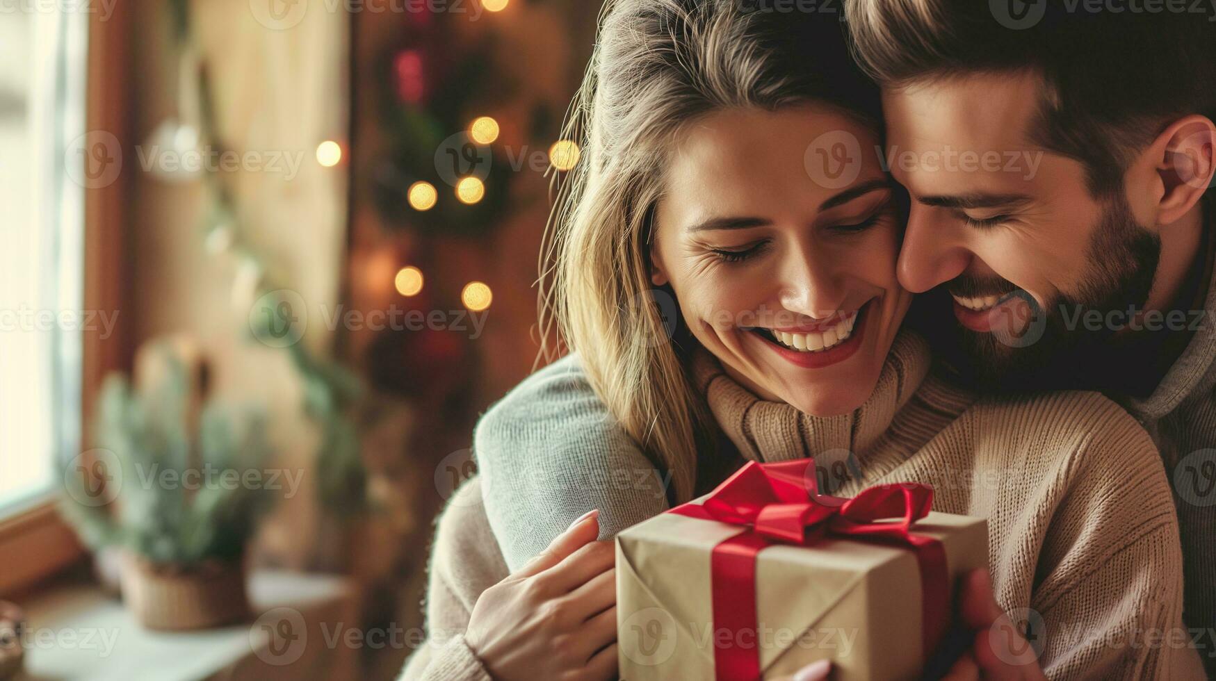 ai gegenereerd Valentijnsdag dag gelukkig paar knuffelen Bij huis met geschenk doos foto