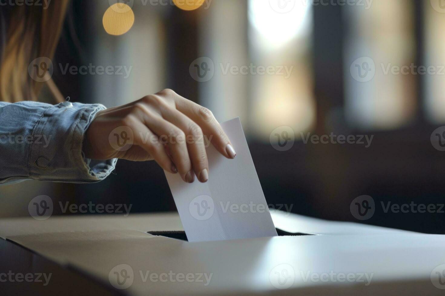 ai gegenereerd gretig zetten hun stemmen in de stemming doos, de kiezer hand- vitrines de essence van democratie foto
