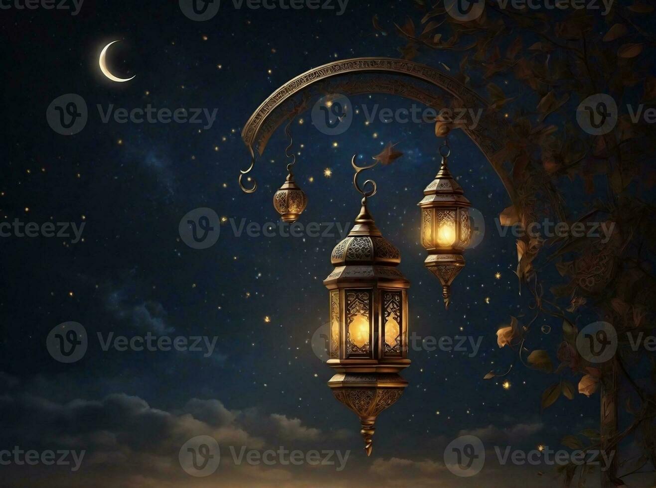 ai gegenereerd Ramadan lantaarn met halve maan maan Aan nacht lucht achtergrond voorraad illustratie foto