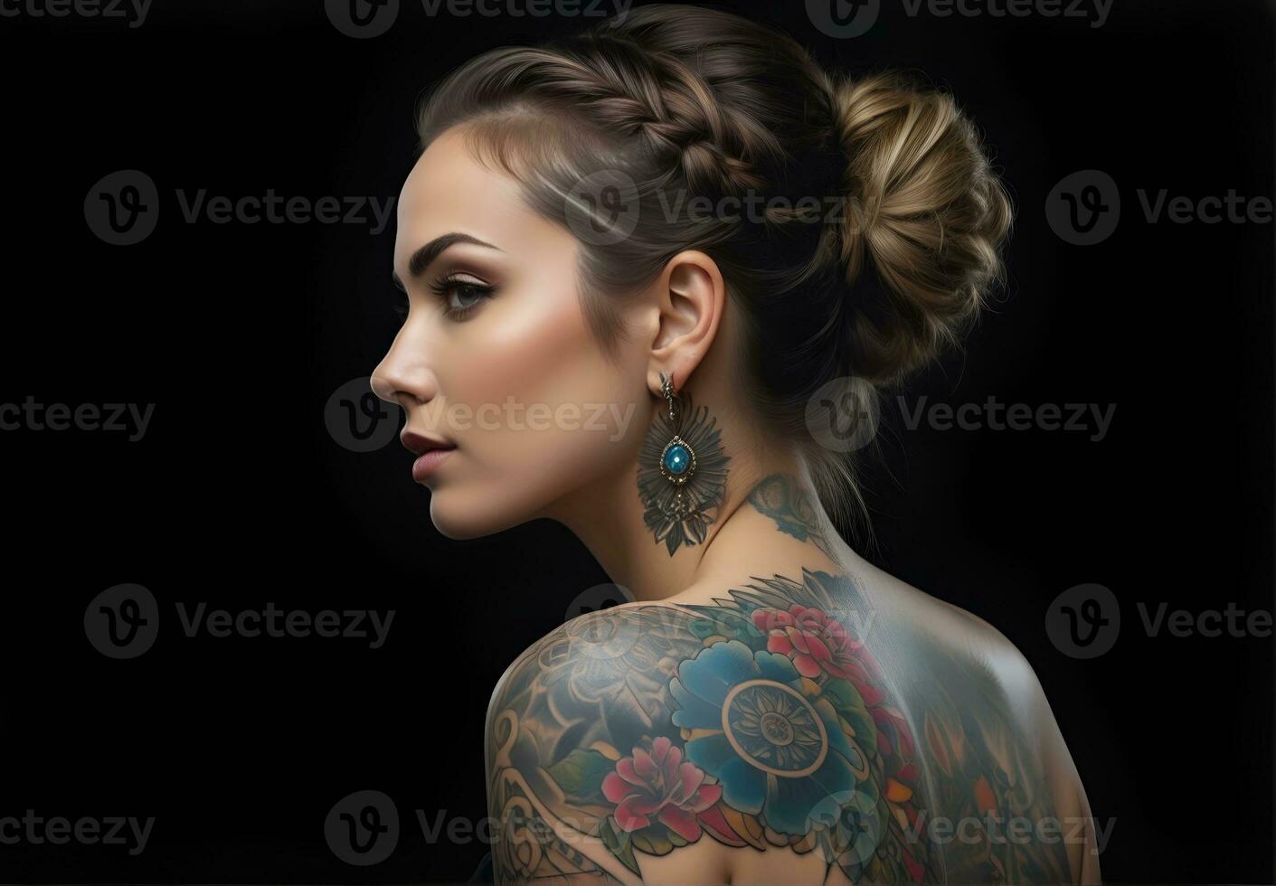 ai gegenereerd portret van een vrouw met een lichaam vol van artistiek tatoeages foto