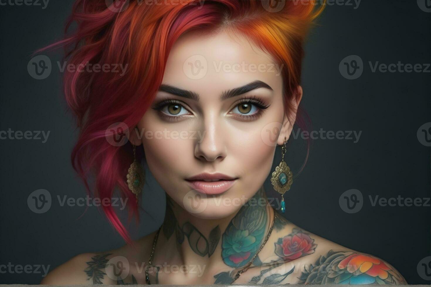 ai gegenereerd portret van een vrouw met een lichaam vol van artistiek tatoeages foto